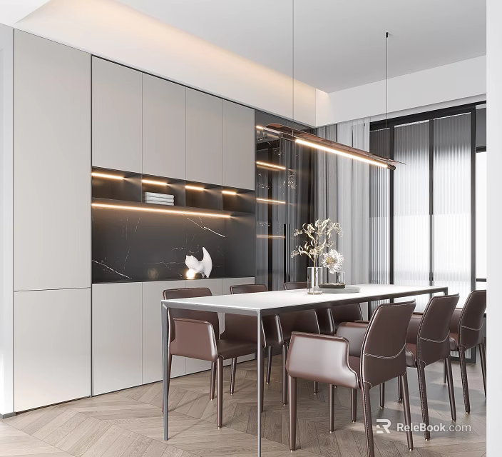 Elegant Luxury Dining Room Interior With Modern Table Chairs And Pendant Lights 3d model 