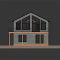 Two Story House With Gray Roof Large Windows And Wooden Balcony On Green Lawn