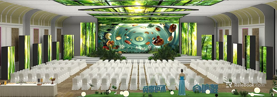 Indoor Event Venue With Green Decor Large Screen White Seats And Blue Dress Figure 3d model 