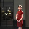 Elegant Woman In Red Short Sleeved Qipao With Floral Embroidery Standing Gracefully