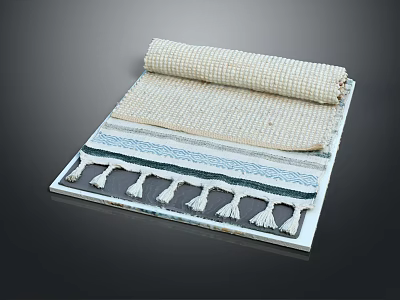 Woven Rugs With Tassels Stacked And Rolled In Beige And Blue Stripes 3d model