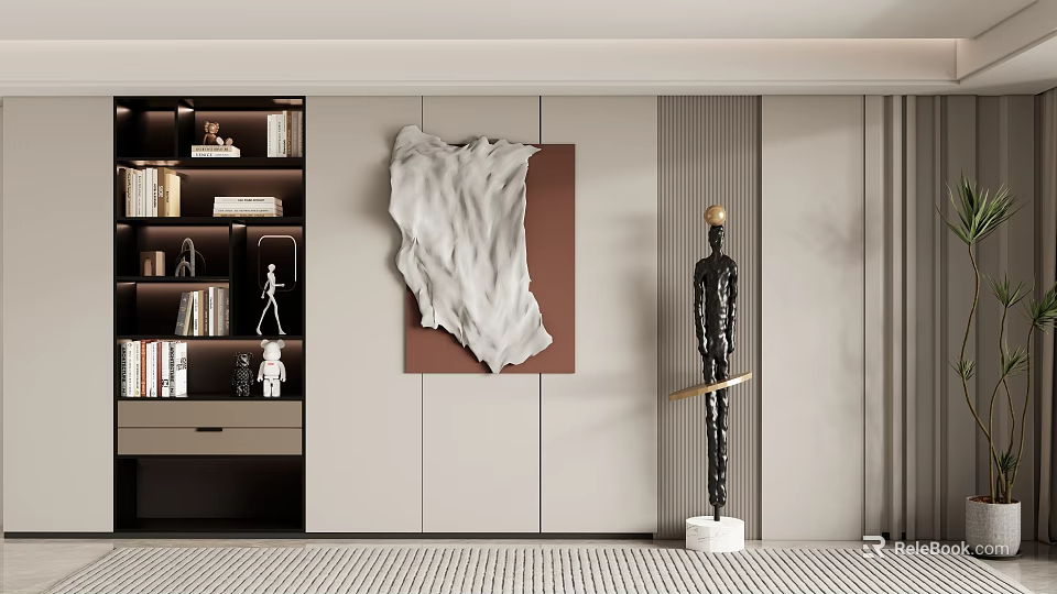 Modern Sofa Backdrop Wall Interior Design With Black Sculpture Decorative Painting And Shelves 3d model 