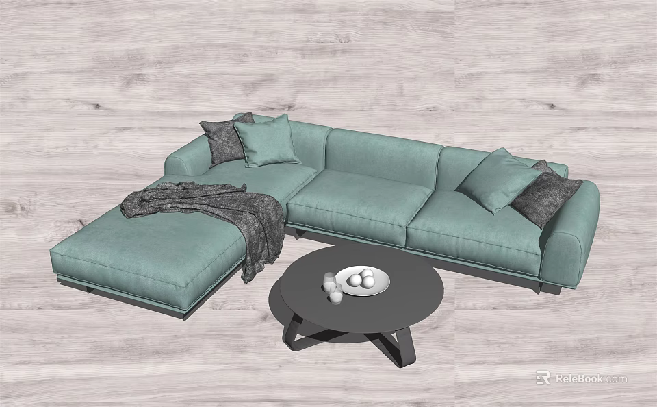 Light Green L shaped Sectional Sofa With Decorative Pillows Throw Blanket Black Round Coffee Table 3d model