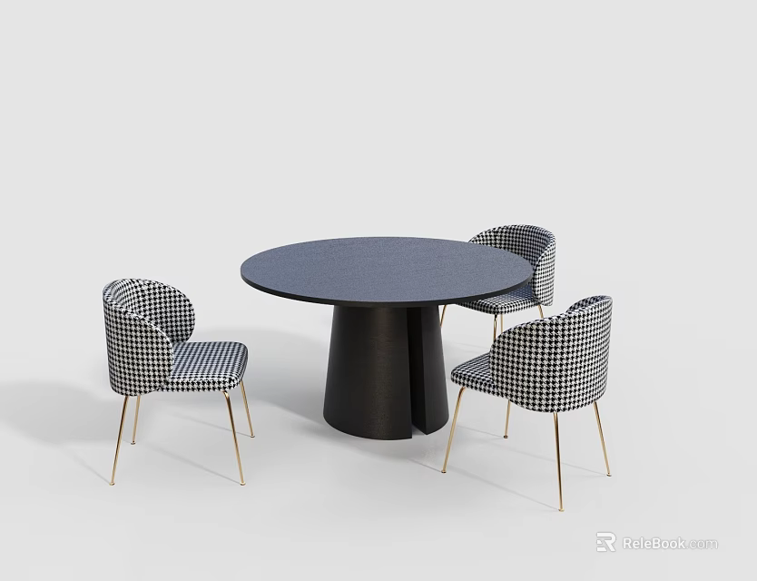 Round Dining Table Set With Dark Tabletop Black Base And Three Checkered Gold Leg Chairs 3d model