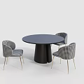 Round Dining Table Set With Dark Tabletop Black Base And Three Checkered Gold Leg Chairs 3d model