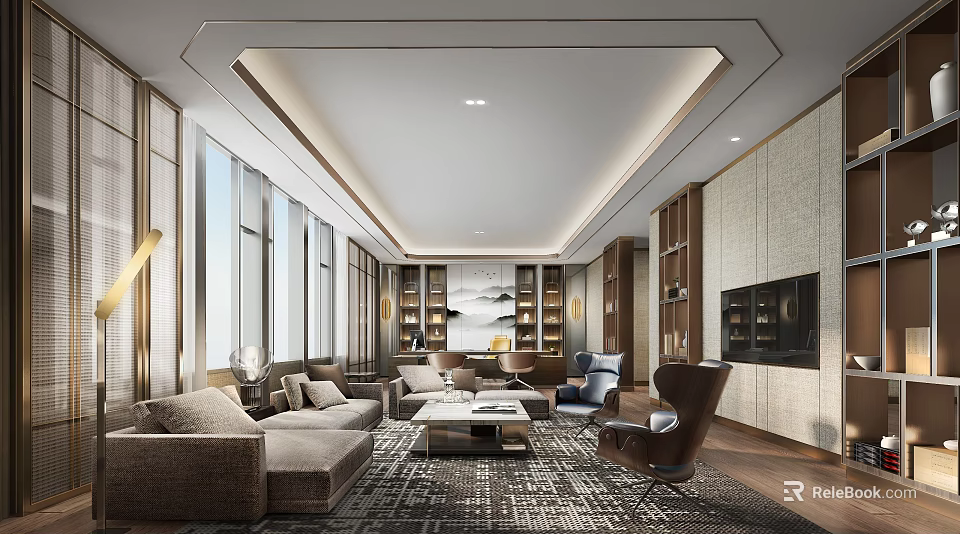 Modern Office Interior Design With Sofas Coffee Tables Bookshelves And Large Windows 3d model