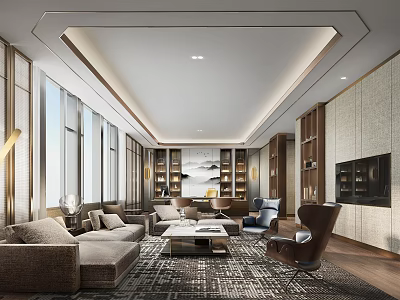 Modern Office Interior Design With Sofas Coffee Tables Bookshelves And Large Windows 3d model