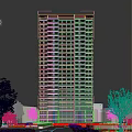 High Rise Modern Residential Building With Glass Windows And Green Tree Surroundings