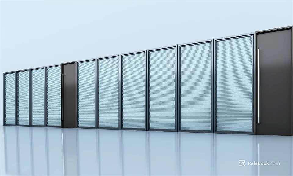 Modern Glass Partition Design With Louvered Panels And Sleek Metal Frame 3d model 