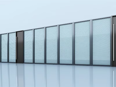 Modern Glass Partition Design With Louvered Panels And Sleek Metal Frame 3d model