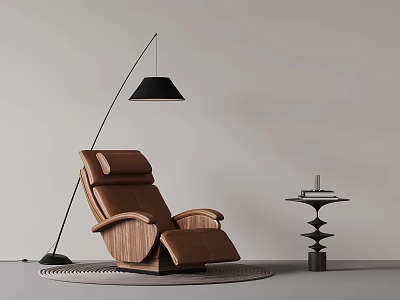 Modern Interior With Brown Leather Recliner Black Floor Lamp Side Table Books And Round Rug 3d model