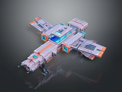 Futuristic Spacecraft Model With Gray Orange Blue Accents And Modular Mechanical Design 3d model