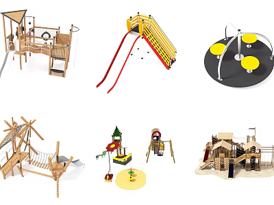 Outdoor Children Playground Equipment With Wooden Climbing Frames Slides And Rotary Structures 3d model