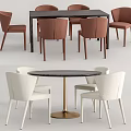 Rectangular Black and Round Marble Dining Table Sets with Brown Beige Chairs Gold Base 3d model