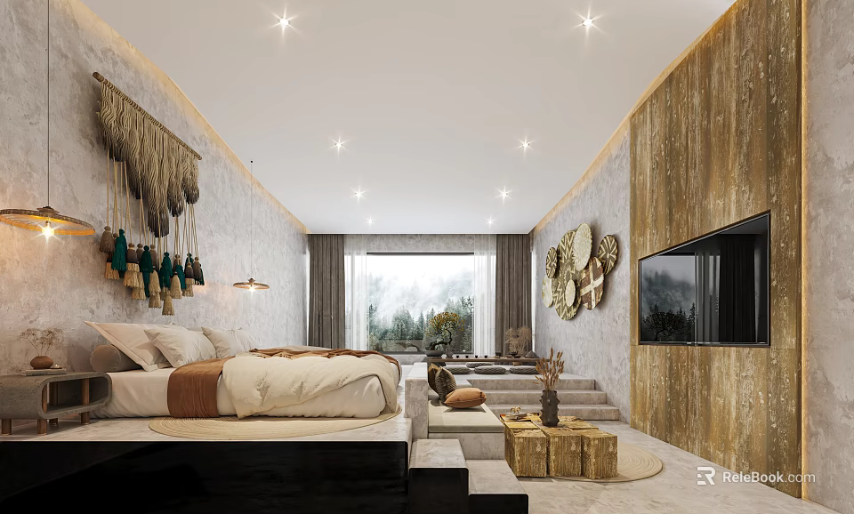 Elegant Hotel Room Interior With Comfortable Bed Artistic Wall Decor Soft Lighting And Large Window 3d model