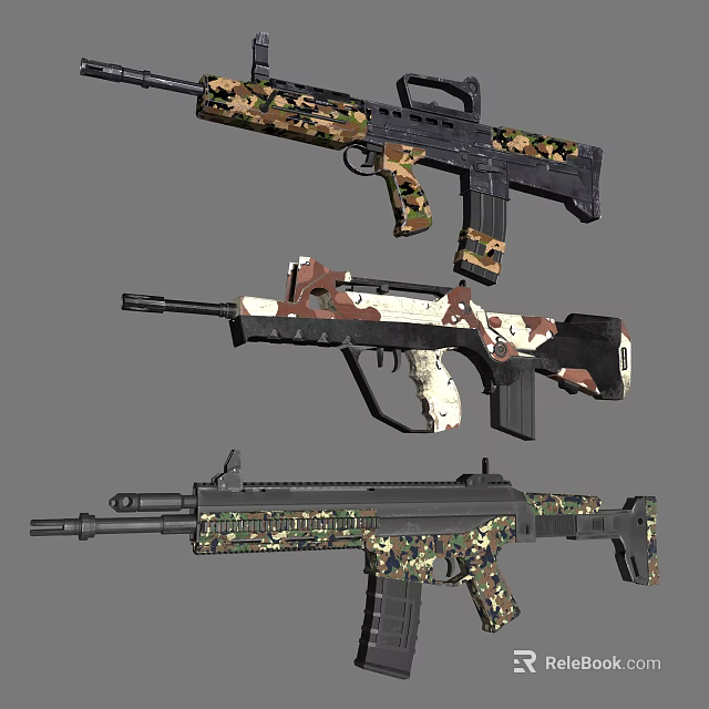 Tactical Military Rifles Featuring Various Camouflage Patterns And Designs 3d model