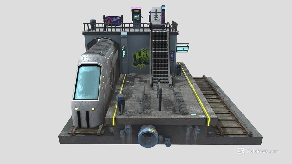 Cartoon Train Station Scene With Graffiti Rail Tracks And Platform Figures 3d model 