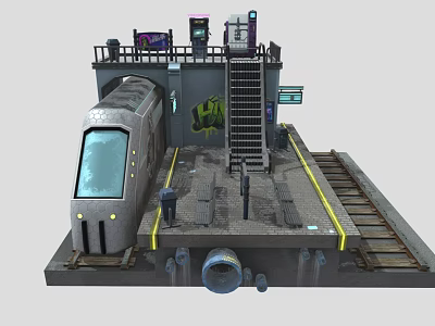 Cartoon Train Station Scene With Graffiti Rail Tracks And Platform Figures 3d model