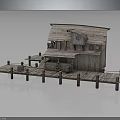 Weathered Rustic Wooden Cabin Exterior With Pier Deck Barrels And Lantern