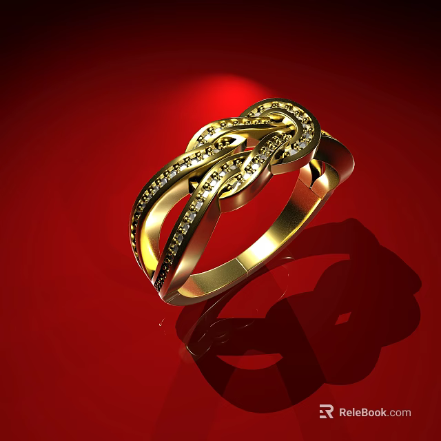 Elegant Gold Ring With Braided Design And Sparkling Diamonds On Red Background 3d model 