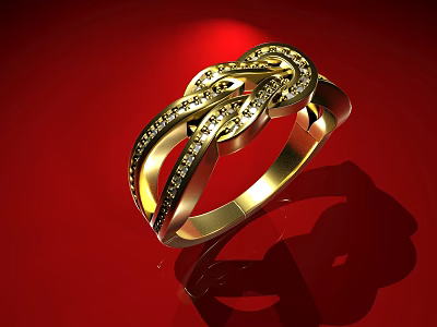 Elegant Gold Ring With Braided Design And Sparkling Diamonds On Red Background 3d model