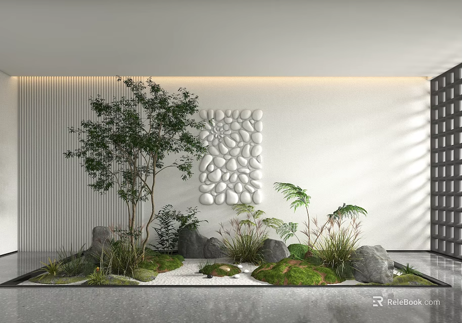 Serene Indoor Landscape With Green Plants Stones Moss And Decorative Wall Design 3d model 