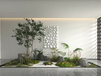 Serene Indoor Landscape With Green Plants Stones Moss And Decorative Wall Design 3d model