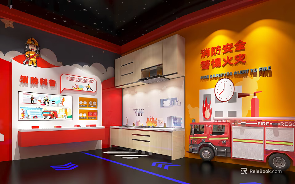 Fire Safety Education Area With Simulated Kitchen Fire Truck Model And Signage 3d model 