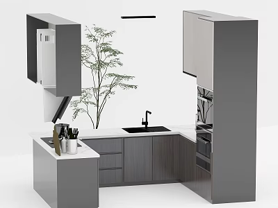 Modern Kitchen Interior With Gray Cabinets Island Counter Sink And Appliances 3d model