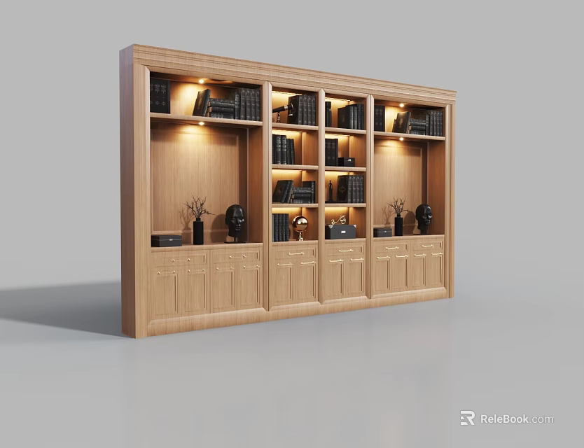 Wooden Bookcase with Multiple Shelves Books Decorative Items and Built-in Lighting for Home Library 3d model 