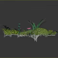 Various Green Plants With Different Leaf Shapes And Small Pink Flowers 3d model