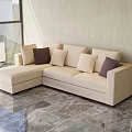 Beige Sectional Sofa With Decorative Cushions On Marble Floor By Large Window 3d model