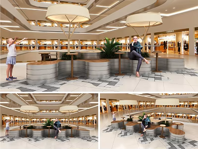 Public Chairs In Mall Interior With Umbrella Structures Plants And Tiled Floor 3d model