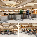 Public Chairs In Mall Interior With Umbrella Structures Plants And Tiled Floor