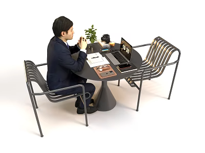 Round Outdoor Table with Modern Metal Chairs Laptop Green Plant Cup Notebook 3d model