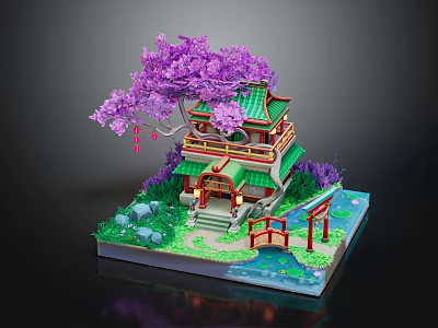 Cartoon Scenery With Purple Cherry Blossom Tree Green Traditional Building Red Bridge And Pond 3d model