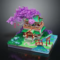Cartoon Scenery With Purple Cherry Blossom Tree Green Traditional Building Red Bridge And Pond