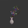 Decorative Silver Vase With Purple Flowers Brown Vine And Transparent Beads