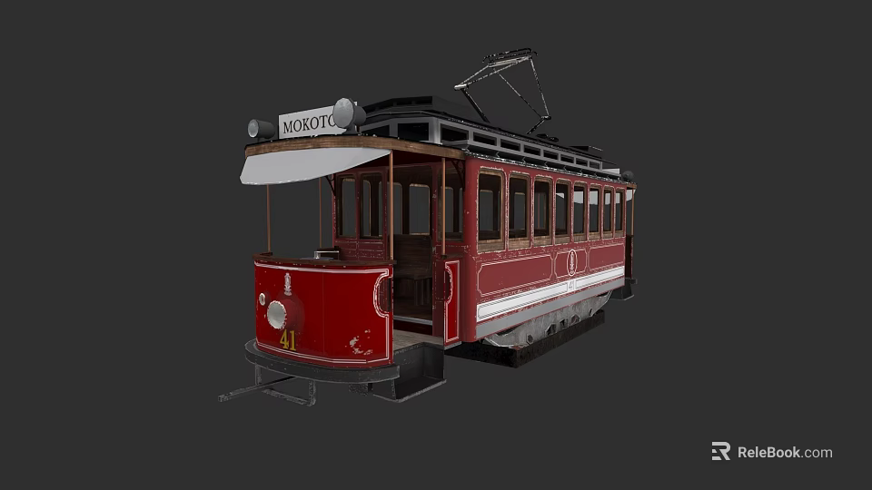 Vintage Red Moscow Tram with Wooden Body Classic Design and Overhead Wires 3d model 
