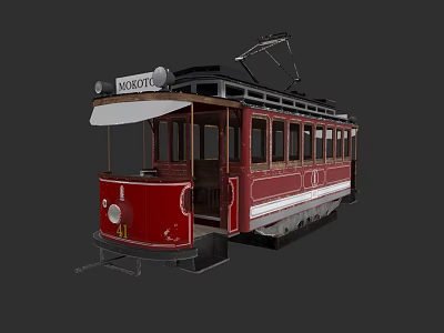 Vintage Red Moscow Tram with Wooden Body Classic Design and Overhead Wires 3d model