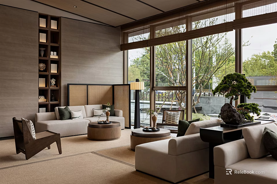 Modern Leisure Area Interior Design With Sofa Bookshelf Coffee Table Large Windows And Greenery 3d model