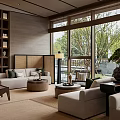 Modern Leisure Area Interior Design With Sofa Bookshelf Coffee Table Large Windows And Greenery