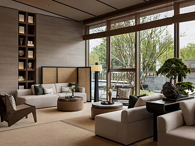 Modern Leisure Area Interior Design With Sofa Bookshelf Coffee Table Large Windows And Greenery 3d model