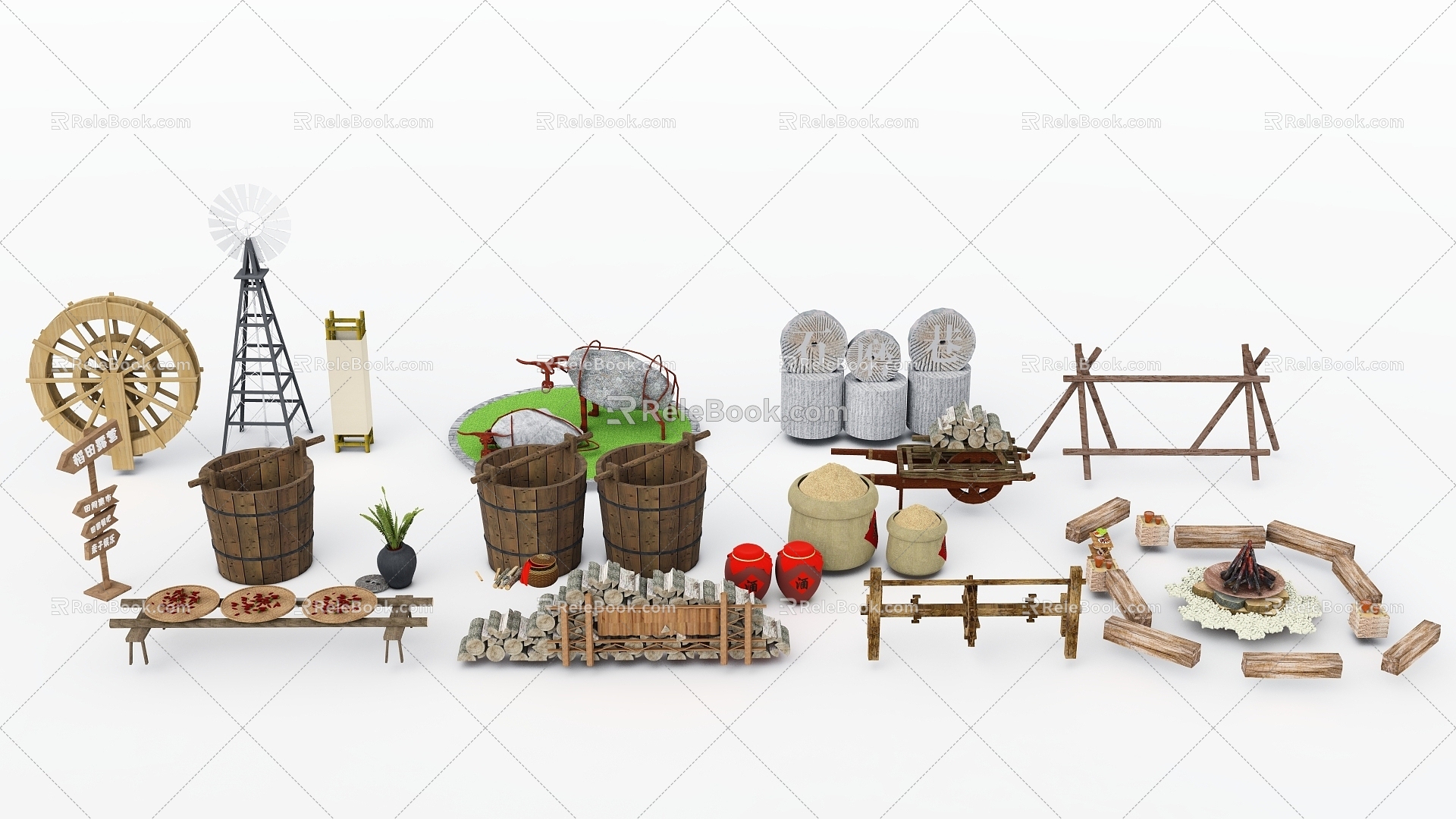 Chinese Farm Tools Sketches Water Well Stone Mill Rake Shovel Corn Pepper Garlic Sickle Bamboo Basket Plough Rake model