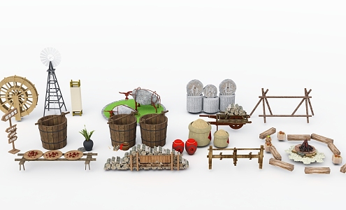 Chinese Farm Tools Sketches Water Well Stone Mill Rake Shovel Corn Pepper Garlic Sickle Bamboo Basket Plough Rake 3d model