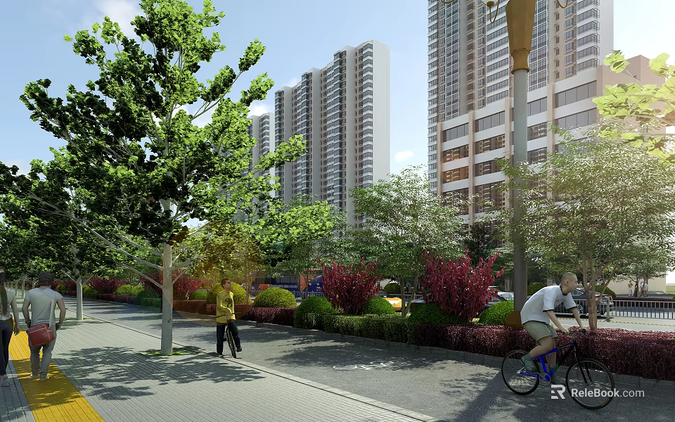 Municipal Road With Tall Modern Buildings Green Trees Colorful Bushes Pedestrians And Cyclist 3d model 