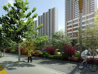Municipal Road With Tall Modern Buildings Green Trees Colorful Bushes Pedestrians And Cyclist 3d model