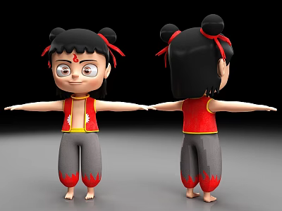 Cute Cartoon Doll With Double Buns Red Vest Gray Pants And Arms Outstretched 3d model