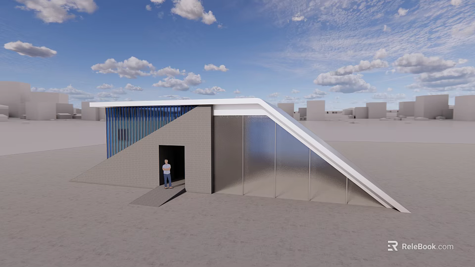 Modern Sloped Roof Building With Glass Walls And Person At Entrance On Open Ground 3d model 