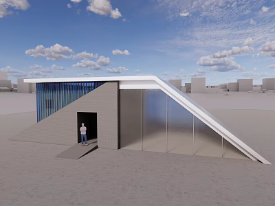 Modern Sloped Roof Building With Glass Walls And Person At Entrance On Open Ground 3d model